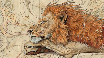 Sovereignty in Silk, The Lion Amidst Golden Damask Elegance, background high quality AI generated image