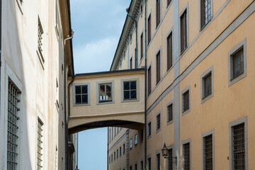 Stockholm Sweden building with elevated walkway, travel  destination Gamla Stan Old Town. Upper part