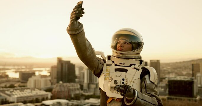 Astronaut, signal and woman in an apocalypse city with tech problem and fail on earth with space suit. Issue, protection and safety gear from nuclear gas with a hero holding a phone for map in town