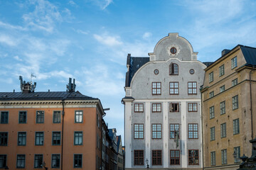 Sweden, Grillska Huset in Stockholm, Gamla Stan. Upper part of Grill House building with attic.