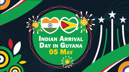 Indian Arrival Day in Guyana  vector banner design with geometric shapes and vibrant colors on a horizontal background. Happy Indian Arrival Day in Guyana modern minimal poster.