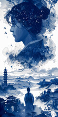 Blue monochromatic composition with fantasy characters, landscapes and buildings. Asian inspired book cover or poster design.
