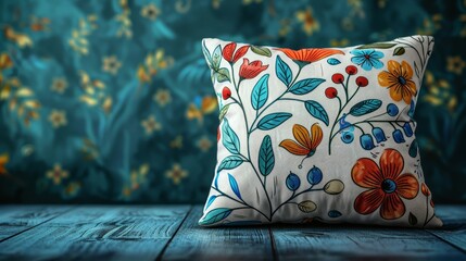   A decorative pillow on the wooden floor, facing a wall adorned with blue floral wallpaper and a parallel wooden floor