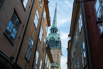 German or St. Gertrude Church Tower, Tyska Kyrkan in Gamla Stan Old Town Stockholm Sweden.