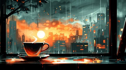 Urban Sunrise Through a Window with a Warm Cup of Coffee.