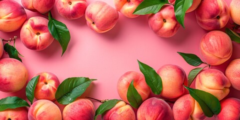 Fresh peaches with green leaves arrayed on a pink background, evoking vibrancy and freshness.