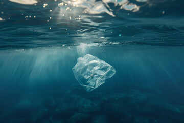 Fototapeta premium Plastic bag floating under the water in the ocean.