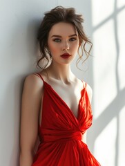 Elegant lady in red dress - obrazy, fototapety, plakaty