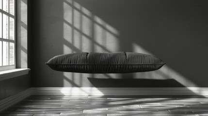  a pillow suspended from ceiling in a room, illuminated by sunlight filtering through the window