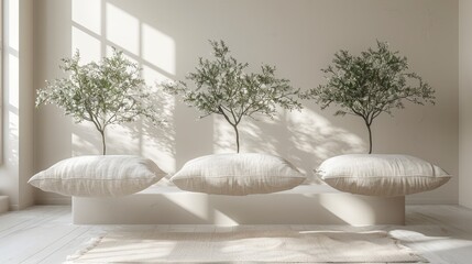   Three pillows aligned on a wall, each atop the other; trees occupying their midpoints