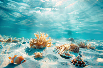 Sea shells, tropic fishes bright corals underwater in the ocean.