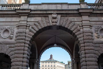 View of Storkyrkan  Church Clock Tower from Sweden Parliament House gate, Stockholm. Upper part