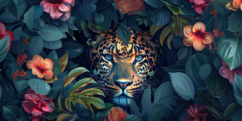 Leopard Peeking Out From Lush Exotic Flowers