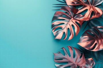 monstera plant blue and copper bicolored on turquise background with copy space