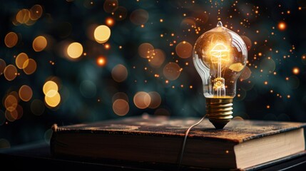 Glowing light bulb above open book with bokeh lights background - obrazy, fototapety, plakaty