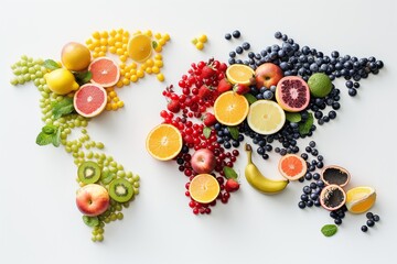 map of the world made of fruit on white background 
