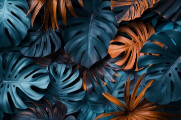 monstera plant blue and copper bicolored natural background