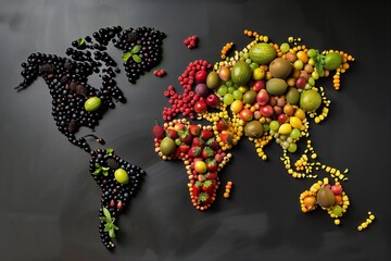 map of the world made of fruit on black background 