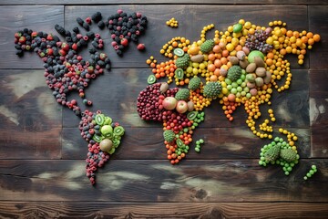 map of the world made of fruit on wooden board background 