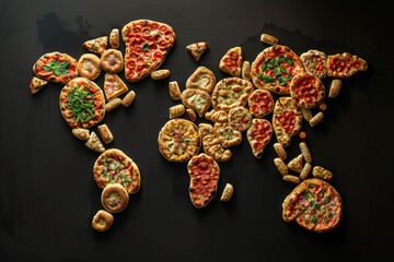 map of the world made of pizzas on black background 