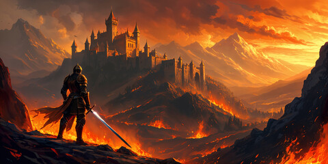 A fantasy scene with a lone warrior standing on a rocky outcropping, gazing at a castle perched on a mountain range under a dramatic sky.