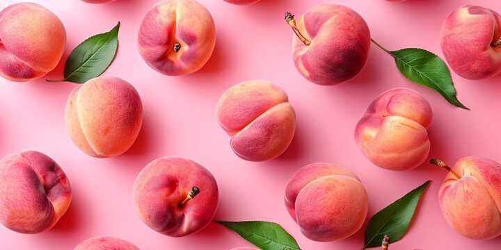 Numerous peaches with vivid hues and fresh leaves arranged on a soft pink background.