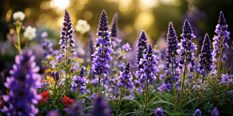 A vibrant field of purple flowers, with the sun setting behind them, casting a warm glow on the scene.