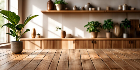 A wooden table with a potted plant on it, set against a backdrop of shelves filled with various items and plants.