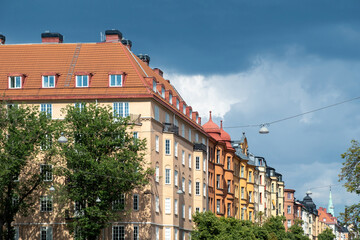 Sweden, imposingly colorful building at Vasastaden Stockholm. Upper part of rental apartment.