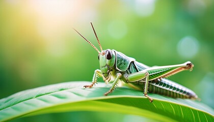 A grasshopper peering over the edge of a leaf, with a muted, blurred greenery background. 