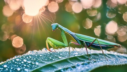 A vivid green praying mantis clinging to a dewy leaf, with a gently unfocused morning light 