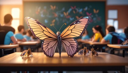  An anamorphic butterfly in front of a chalkboard, teaching a class of tiny insect students, - obrazy, fototapety, plakaty