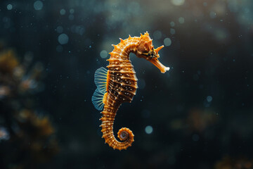Seahorse floating in the dark deep sea water. Daylight.