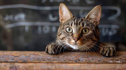   A close-up of a cat lying on a table, with a chalkboard in the background