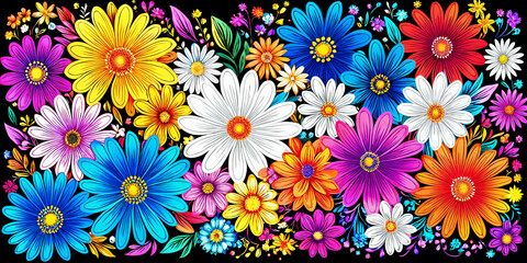 A vibrant and colorful pattern of flowers, with various types and colors such as blue, purple, yellow, and orange.