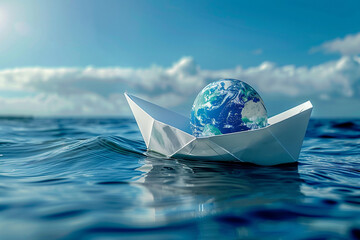 White paper boat with model of earth on the dark blue sea water. Concept for World Ocean Day.
