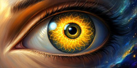 A close-up of a human eye, with the iris exhibiting a striking yellow color and a blue pupil. The eye is set against a backdrop that appears to be a starry night sky.