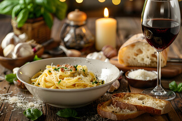 A Classic Setting of Comfort Food: Creamy Pasta with Side of Garlic Bread and Red Wine
