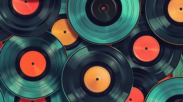Vinyl Records Pattern on a Retro Colored Background with Peacock Blue, Tangerine, and Almond Shades