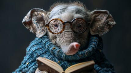   An elephant donning glasses and a scarf around its neck reads a book