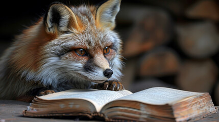 Fototapeta premium A tight shot of a book bearing a fox's head atop, surrounded by a woodland backdrop of stacked logs