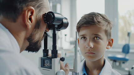 An ophthalmologist uses an eye test machine to look into a boy's eyes, an optometrist performs an examination, a child sees an ophthalmologist in a medical clinic