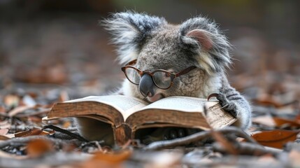   A koala in glasses reads a book in the woodland, surrounded by autumnal leaves on the forest floor