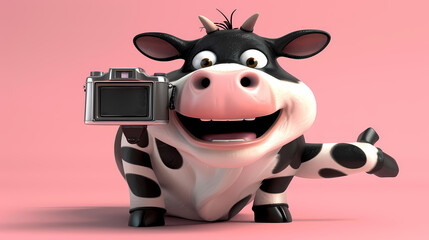 Cartoonish Cow with Camera in Hand in Front of Pink Surface - Illustration