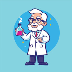 Professor mascot holding chemical liquid bottle