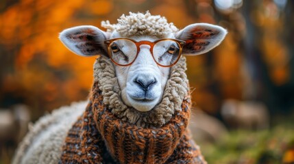 Fototapeta premium A tight shot of a sheep donned in a sweater, adorned with glasses perched atop its head In the distance, a tree stands tall against the backdrop