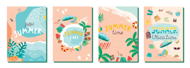 Fototapeta na wymiar Cartoon collection of summer posters with the seashore, palm trees, shells, things for relaxation and hand lettering.Set of cards for summer season.Vector colorful backgrounds with abstract shapes.