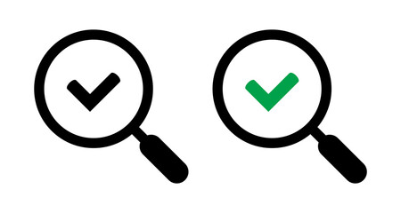 Magnifying glass with green or black check tick icon. For concepts of research, results found, success, reviews or examination, discovery.