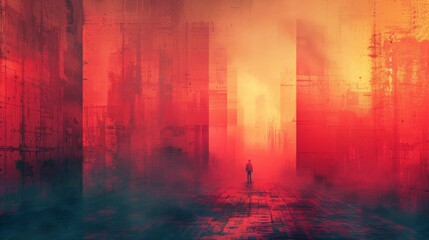 A man is walking through a city with tall buildings and a red sky - Powered by Adobe