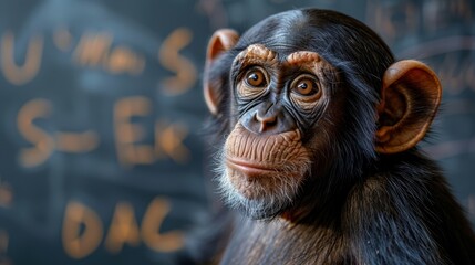   A monkey facing the chalkboard, its back covered in writing, surrounded by two chalkboards with writings on their sides
